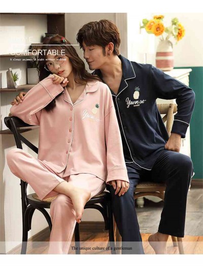 New Loose Lapel Cardigan Long Sleeve Pants Set Casual Couple Pajamas