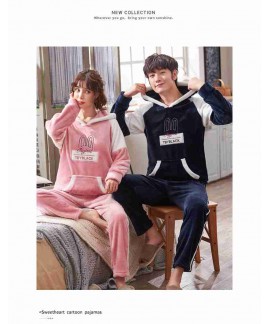 Coral fleece with hat thickened couple flannel pajamas set