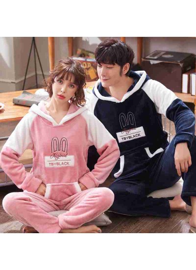 Coral fleece with hat thickened couple flannel pajamas set