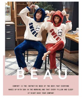 Cartoon hooded long coral fleece long sleeve flannel plus velvet thickened couple pajamas