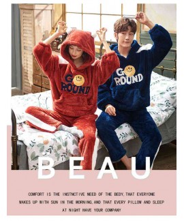 Cartoon hooded long coral fleece long sleeve flannel plus velvet thickened couple pajamas