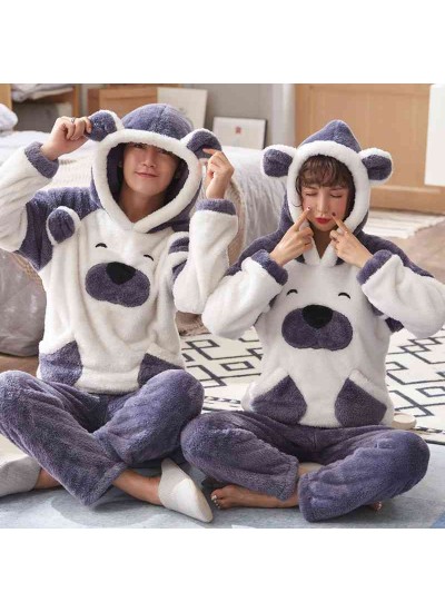 Cartoon hooded long coral fleece long sleeve flannel plus velvet thickened couple pajamas