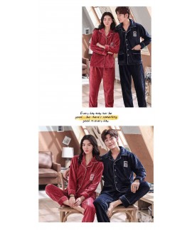 Wearable thick cardigan men and women long-sleeved warm coral velvet couple pajamas set