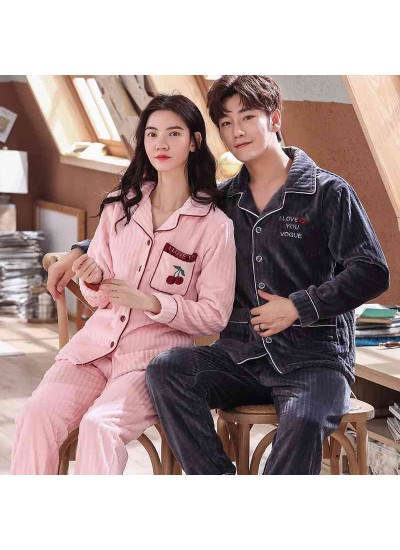 Wearable thick cardigan men and women long-sleeved warm coral velvet couple pajamas set