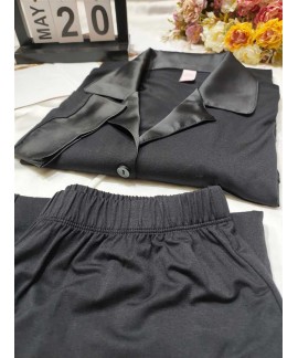 Pure cotton long-sleeved thin lapel black large size women's pajamas home service suit