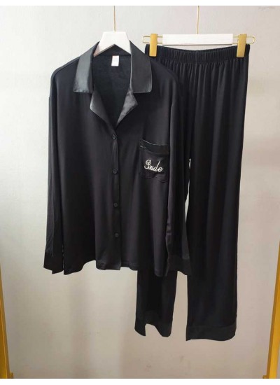 Pure cotton long-sleeved thin lapel black large size women's pajamas home service suit