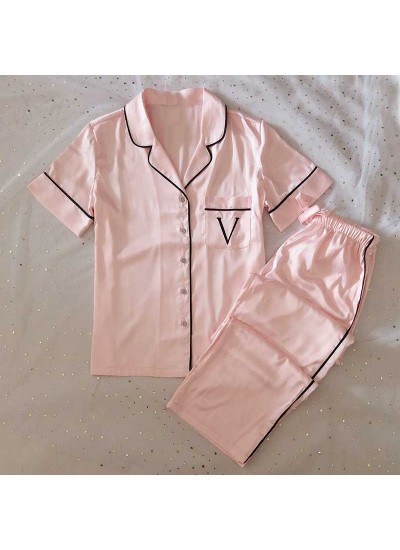 VS Ice Silk Satin Striped Short Sleeve Pants Two-Piece Women's Nightwear