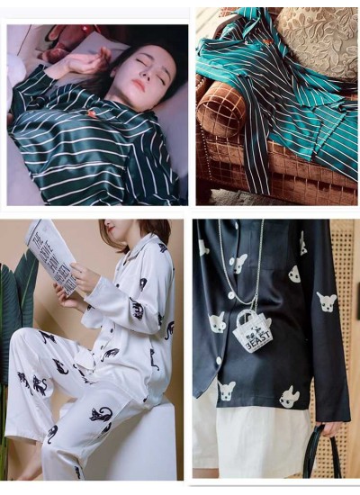 Ice silk long-sleeved thin section milk dog striped couple pajamas home service