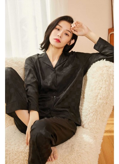 VS small lapel black and white color satin jacquard long-sleeved Silk Nightwear