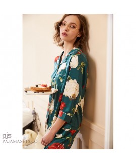 Two-piece set of cardigan silk like pajama sets fe...