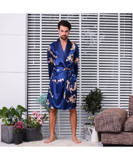Long sleeve dragon nightgown men's bathrobe ice silk nightgown for male
