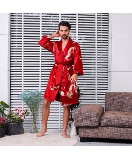 Long sleeve dragon nightgown men's bathrobe ice silk nightgown for male