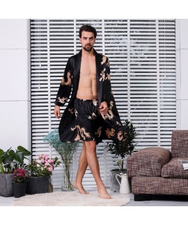 Long sleeve dragon nightgown men's bathrobe ice silk nightgown for male