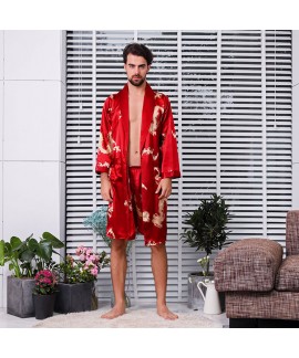 Long sleeve dragon nightgown men's bathrobe ice silk nightgown for male