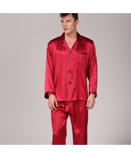 Large Size Men's Ice Silk Nightwear For Summer Long Sleeve Pure Color Pajama Set