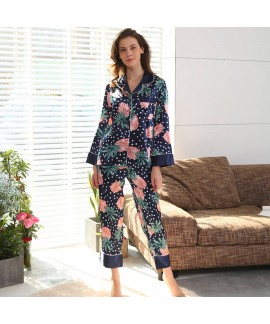 Ladies Ice Silk Printed Nightwear Long Sleeve Pineapple sleepwear set