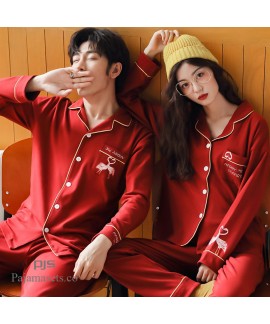 Plus size couple cotton pajamas for spring long sl...