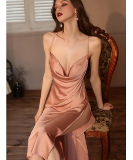 Sexy Swing Neck Silk Sling High Slit Bridesmaid Nightdress