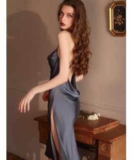 Sexy Swing Neck Silk Sling High Slit Bridesmaid Nightdress