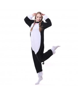 Polar fleece white face black cat animal cartoon one piece pajamas long sleeve couple onesies for autumn and winter