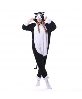 Polar fleece white face black cat animal cartoon one piece pajamas long sleeve couple onesies for autumn and winter