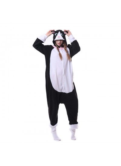 Polar fleece white face black cat animal cartoon one piece pajamas long sleeve couple onesies for autumn and winter