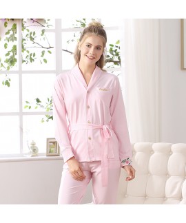 Top quality cotton embroidered lady long sleeved pajamas pyjamas set