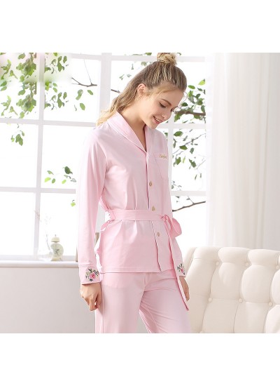 Top quality cotton embroidered lady long sleeved pajamas pyjamas set