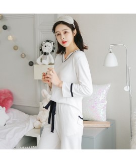 Pure Cotton Simple Fashion Long-sleeved Threaded Wide-leg Pants Home Service Suit