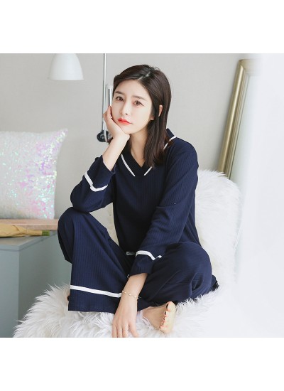 Pure Cotton Simple Fashion Long-sleeved Threaded Wide-leg Pants Home Service Suit