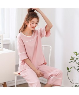 Cotton Short Sleeve Cropped Pants Two-piece Set Loose Sweet Cute Thin Ladies Pajama Set For Summer