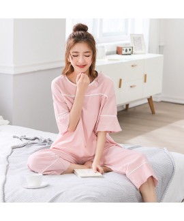 Cotton Short Sleeve Cropped Pants Two-piece Set Loose Sweet Cute Thin Ladies Pajama Set For Summer