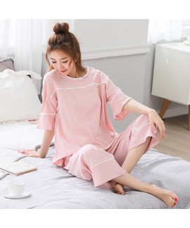 Cotton Short Sleeve Cropped Pants Two-piece Set Loose Sweet Cute Thin Ladies Pajama Set For Summer