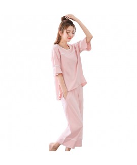 Cotton Short Sleeve Cropped Pants Two-piece Set Loose Sweet Cute Thin Ladies Pajama Set For Summer