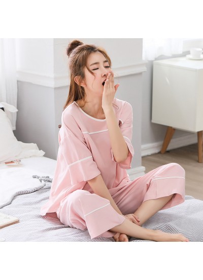Cotton Short Sleeve Cropped Pants Two-piece Set Loose Sweet Cute Thin Ladies Pajama Set For Summer
