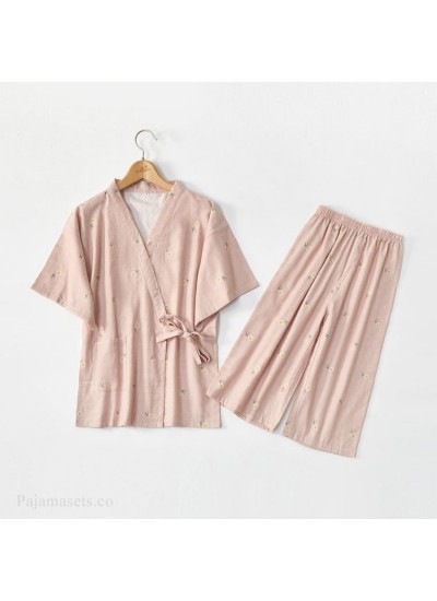 Gauze Little Daisy Short Sleeve Cotton Ladies Kimono Pajama Set Summer