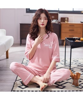 Oversized Cotton Short Sleeve Long Pants Thin Ladies Pajama Set For Summer