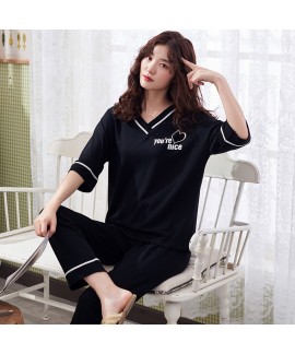 Oversized Cotton Short Sleeve Long Pants Thin Ladies Pajama Set For Summer