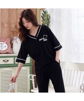 Oversized Cotton Short Sleeve Long Pants Thin Ladies Pajama Set For Summer