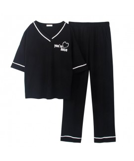 Oversized Cotton Short Sleeve Long Pants Thin Ladies Pajama Set For Summer