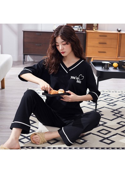 Oversized Cotton Short Sleeve Long Pants Thin Ladies Pajama Set For Summer