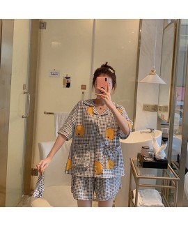 Fruit Orange Plaid Cotton Short Sleeve Shorts Ladies Pajamas Sets For Summer