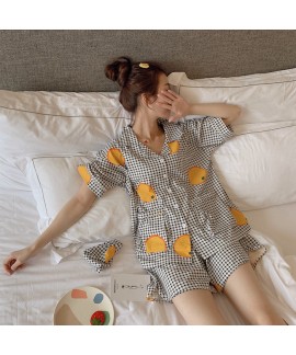 Fruit Orange Plaid Cotton Short Sleeve Shorts Ladi...