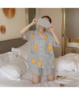 Fruit Orange Plaid Cotton Short Sleeve Shorts Ladies Pajamas Sets For Summer