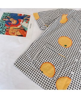 Fruit Orange Plaid Cotton Short Sleeve Shorts Ladies Pajamas Sets For Summer