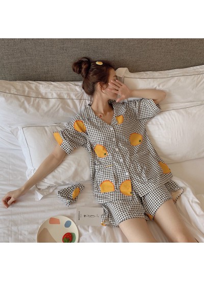 Fruit Orange Plaid Cotton Short Sleeve Shorts Ladies Pajamas Sets For Summer