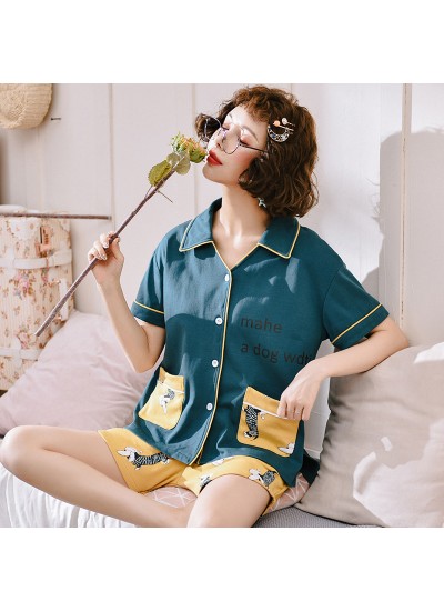Short Sleeve Cardigan Cotton Ladies Pajama Set For Summer