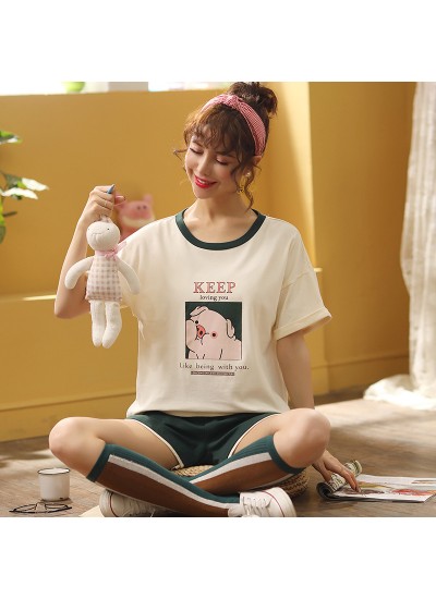 2020 Short Sleeve Shorts Sweet Combed Cotton Ladies Pajama Set For Summer