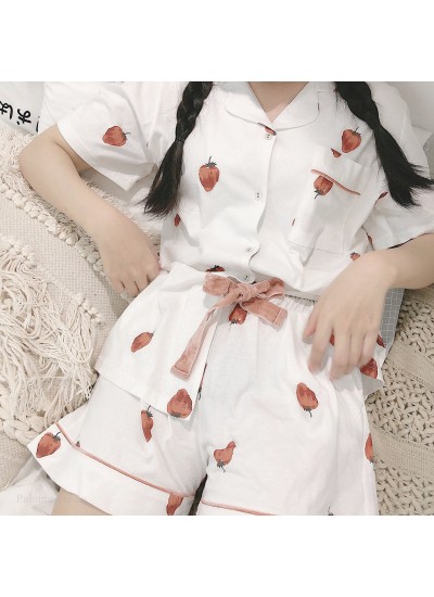 New High Quality Strawberry Short Sleeve Shorts Cardigan Cotton Pajama Set For Summer