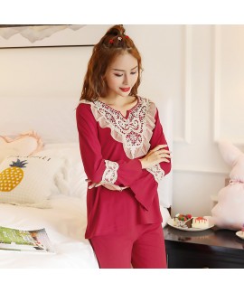 Cotton Red Long Sleeve Ladies Homewear Set For Spring And Autumn